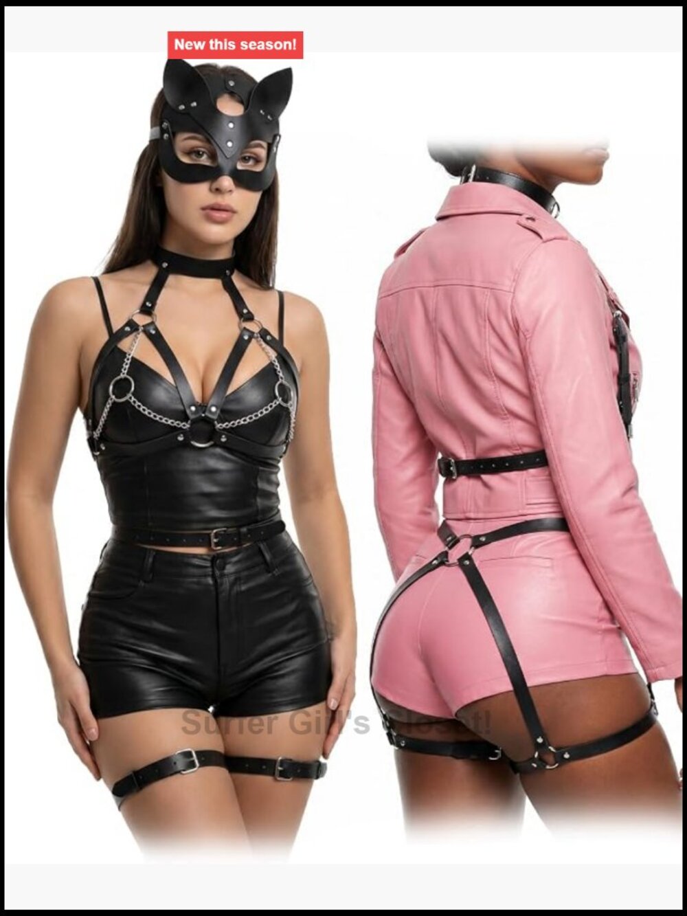 3pcs Faux Leather Harness Set with Fox Mask, Adjustable Punk Gothic Belt
